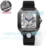 THB Factory Swiss Copy Cartier Santos de Cartier All Black Skeleton 39.8mm Leather Strap Watch 